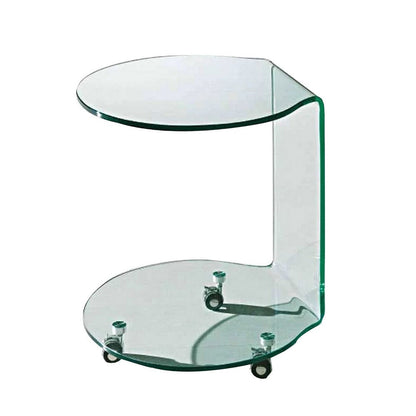 Benjara 24 Inch Curved Glass End Table, Cylindrical Design, Caster Wheels, Clear