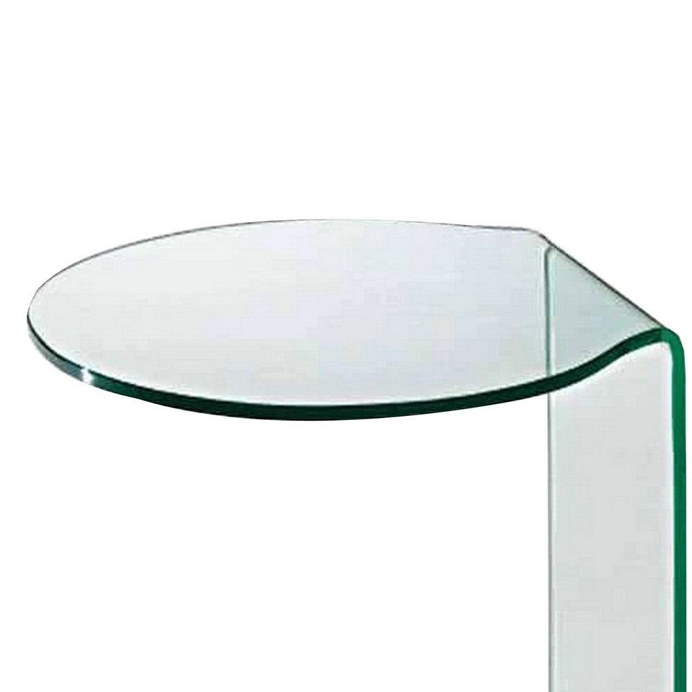 Benjara 24 Inch Curved Glass End Table, Cylindrical Design, Caster Wheels, Clear