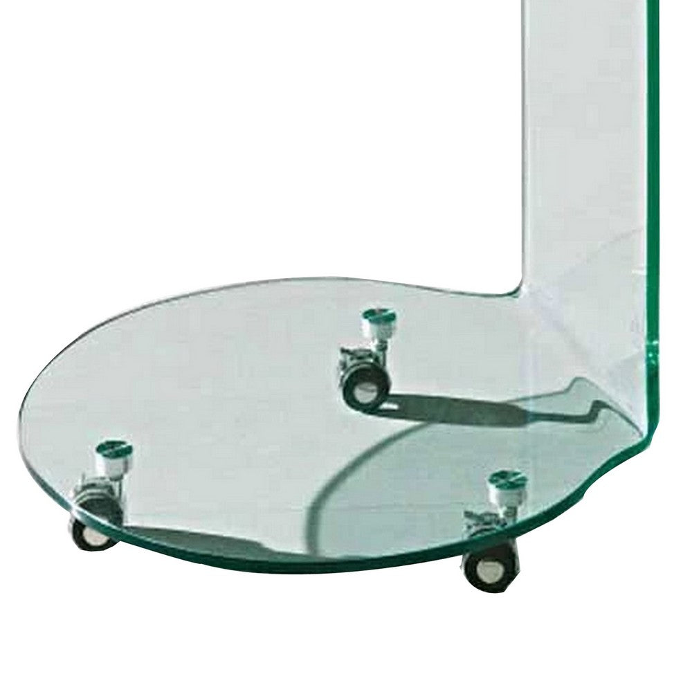 Benjara 24 Inch Curved Glass End Table, Cylindrical Design, Caster Wheels, Clear