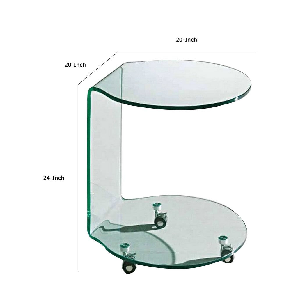 Benjara 24 Inch Curved Glass End Table, Cylindrical Design, Caster Wheels, Clear