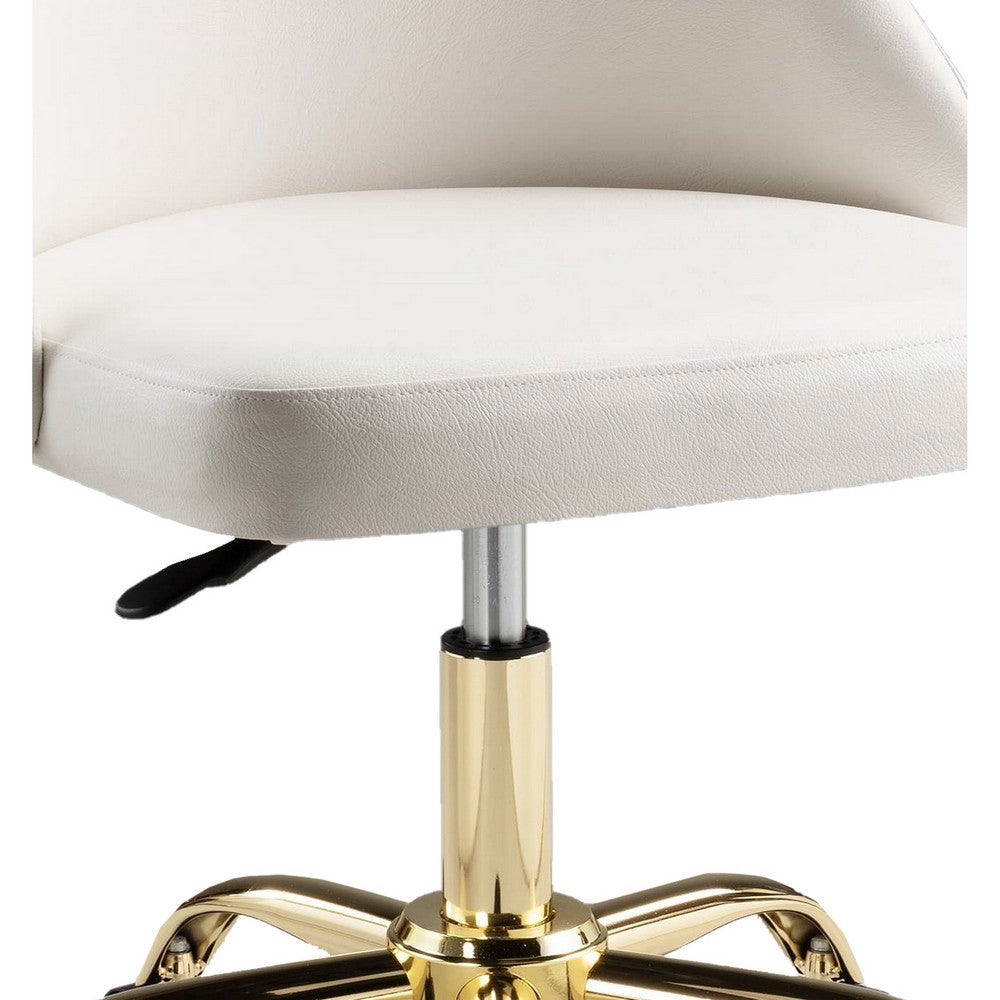 Benjara Yim 22 Inch Adjustable Swivel Office Chair, White Faux Leather, Gold Metal
