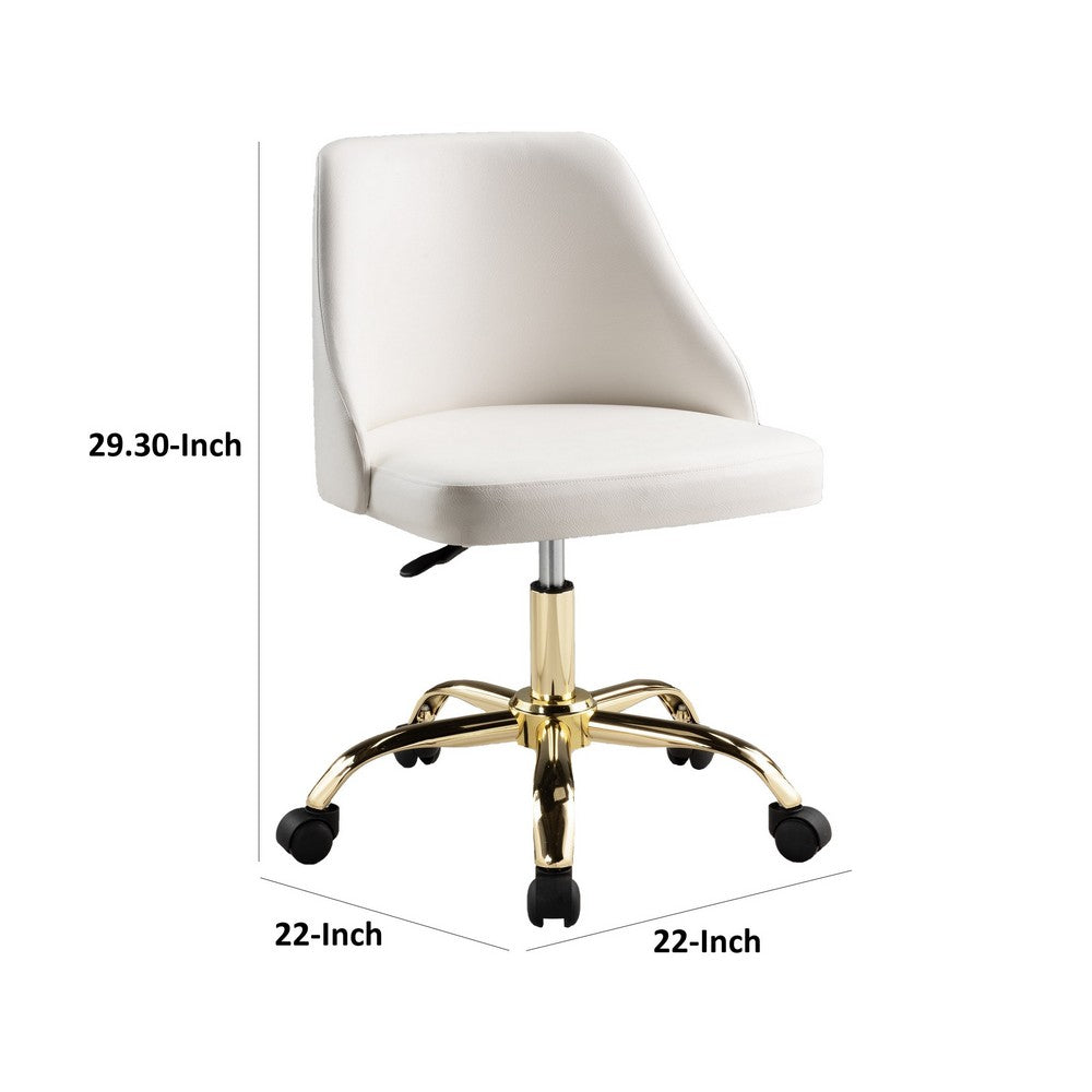 Benjara Yim 22 Inch Adjustable Swivel Office Chair, White Faux Leather, Gold Metal