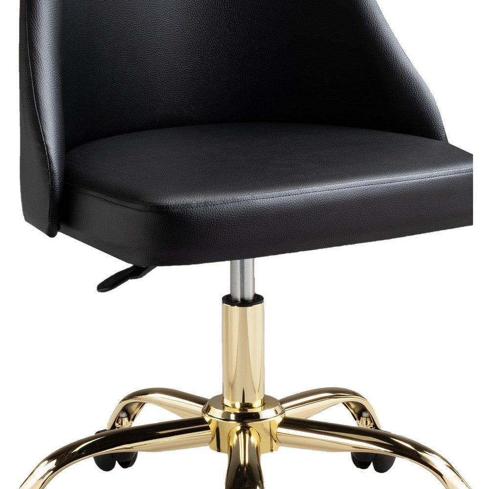 Benjara Yim 22 Inch Adjustable Swivel Office Chair, Black Faux Leather, Gold Metal