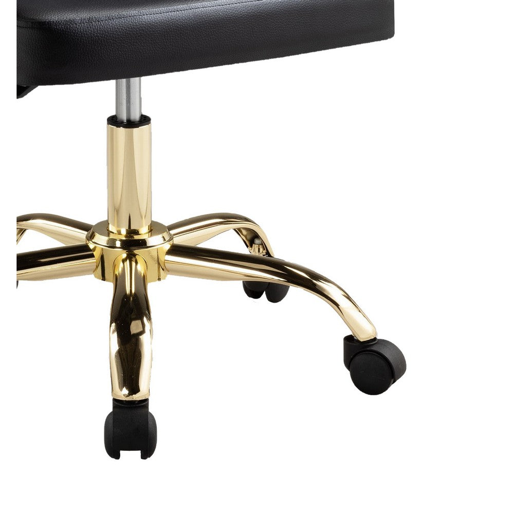 Benjara Yim 22 Inch Adjustable Swivel Office Chair, Black Faux Leather, Gold Metal