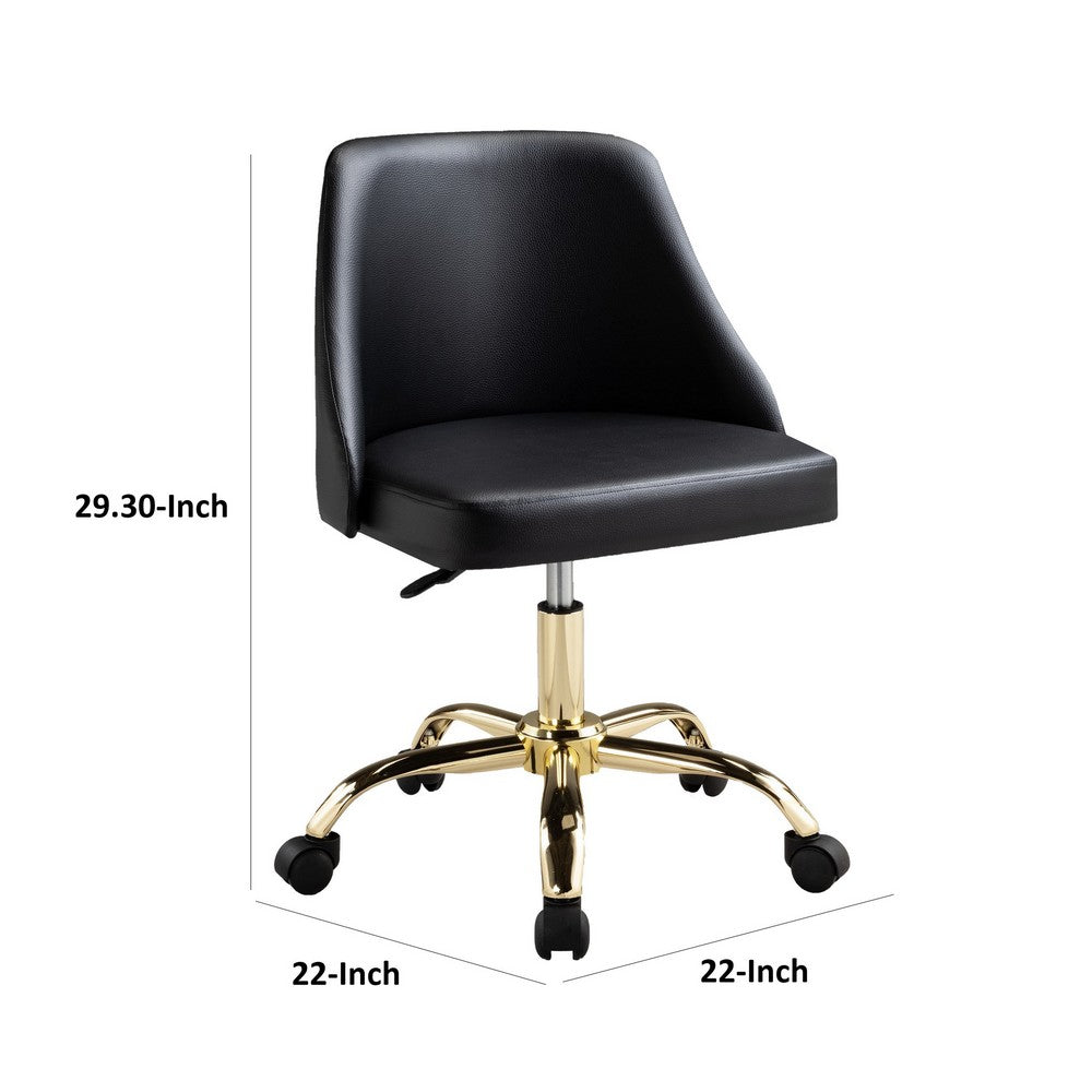 Benjara Yim 22 Inch Adjustable Swivel Office Chair, Black Faux Leather, Gold Metal