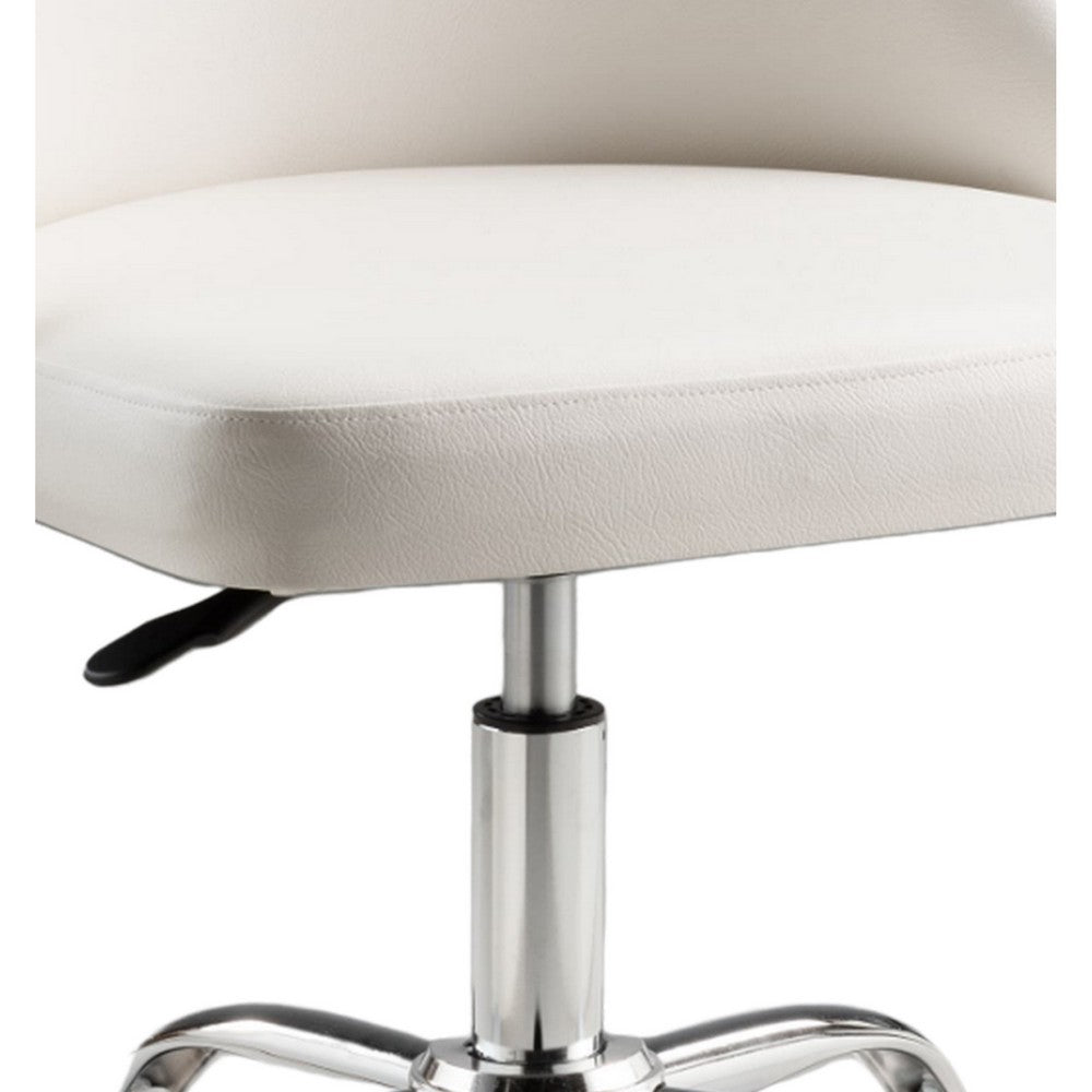 Benjara Yim 22 Inch Adjustable Swivel Office Chair, White Faux Leather, Chrome Base