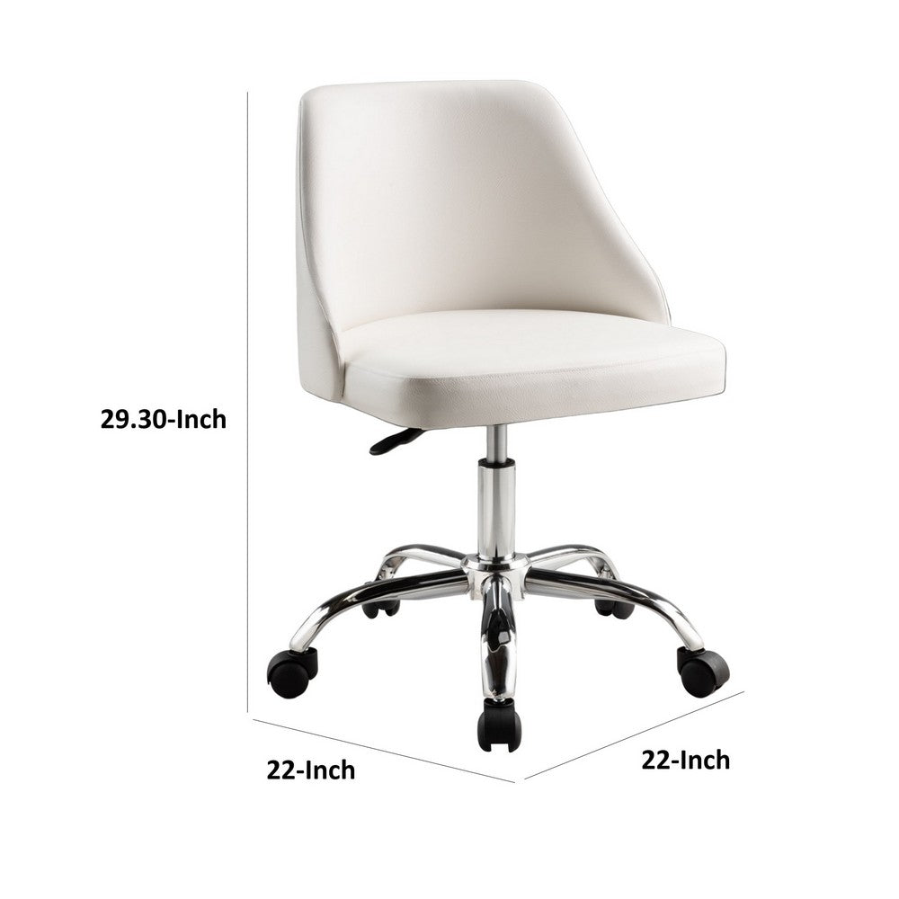 Benjara Yim 22 Inch Adjustable Swivel Office Chair, White Faux Leather, Chrome Base