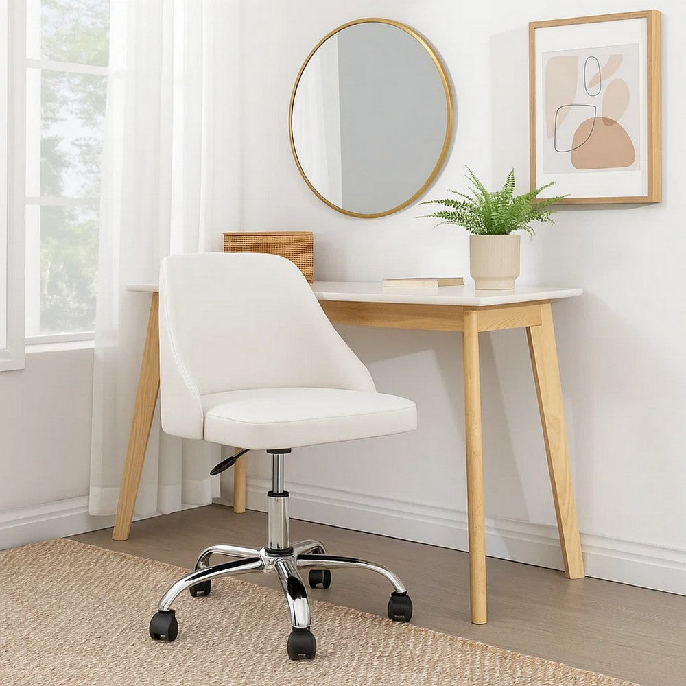 Benjara Yim 22 Inch Adjustable Swivel Office Chair, White Faux Leather, Chrome Base