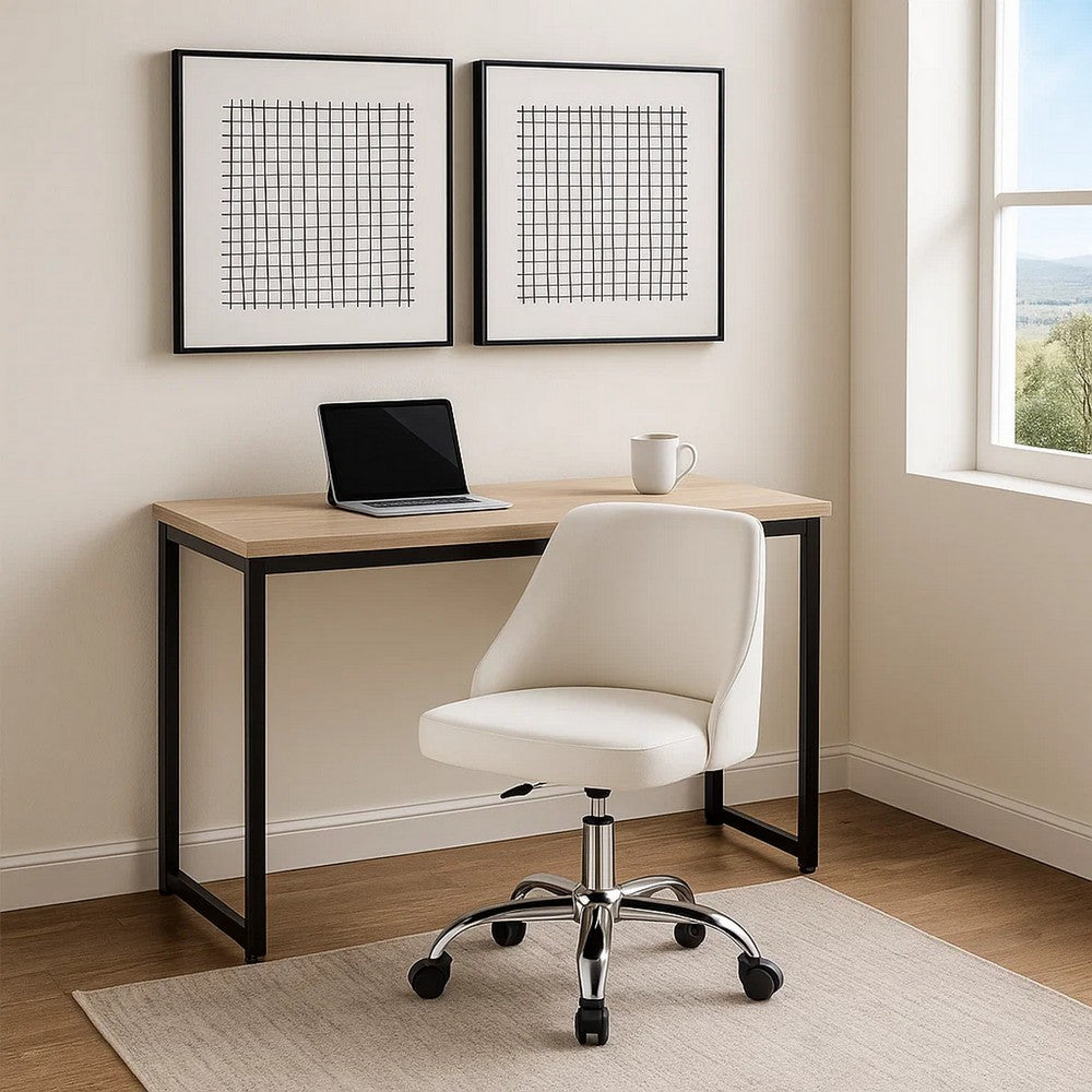 Benjara Yim 22 Inch Adjustable Swivel Office Chair, White Faux Leather, Chrome Base
