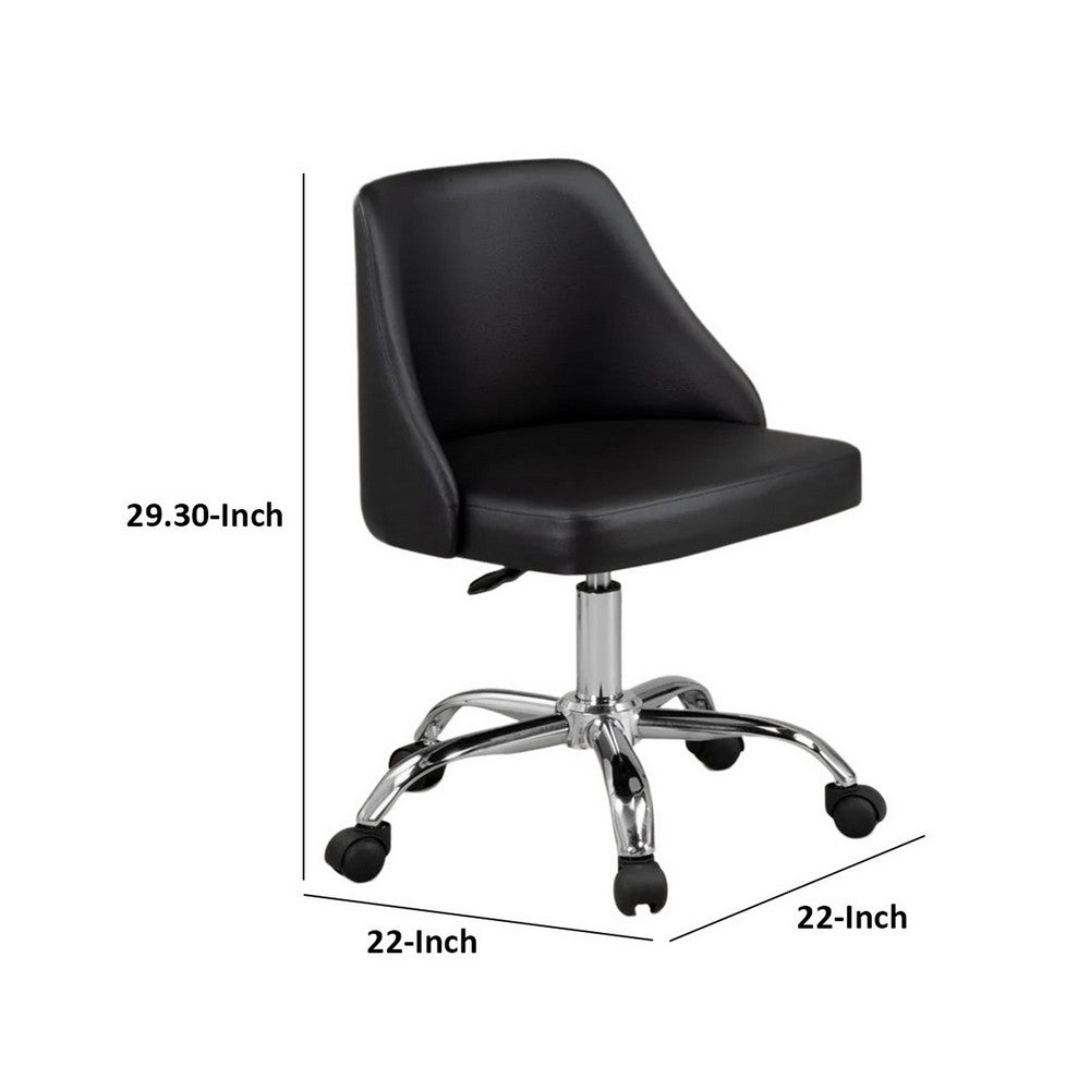 Benjara Yim 22 Inch Adjustable Swivel Office Chair, Black Faux Leather, Chrome Base
