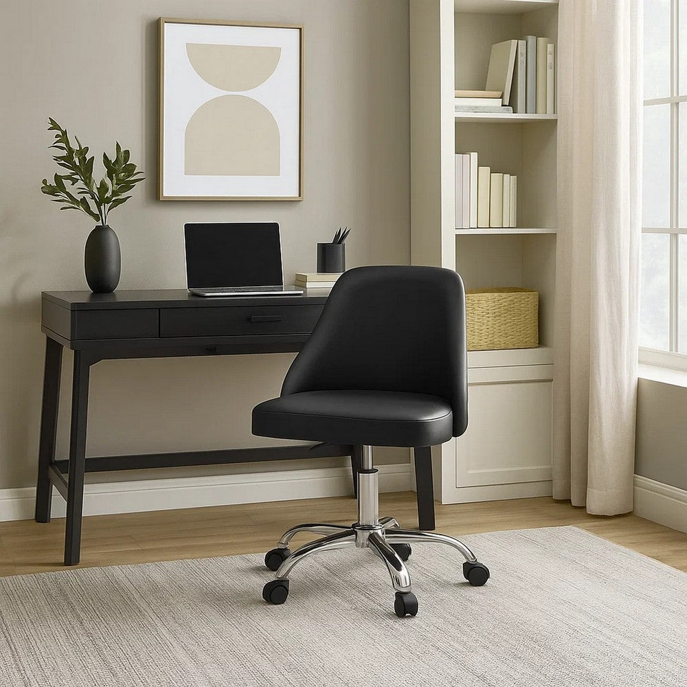 Benjara Yim 22 Inch Adjustable Swivel Office Chair, Black Faux Leather, Chrome Base