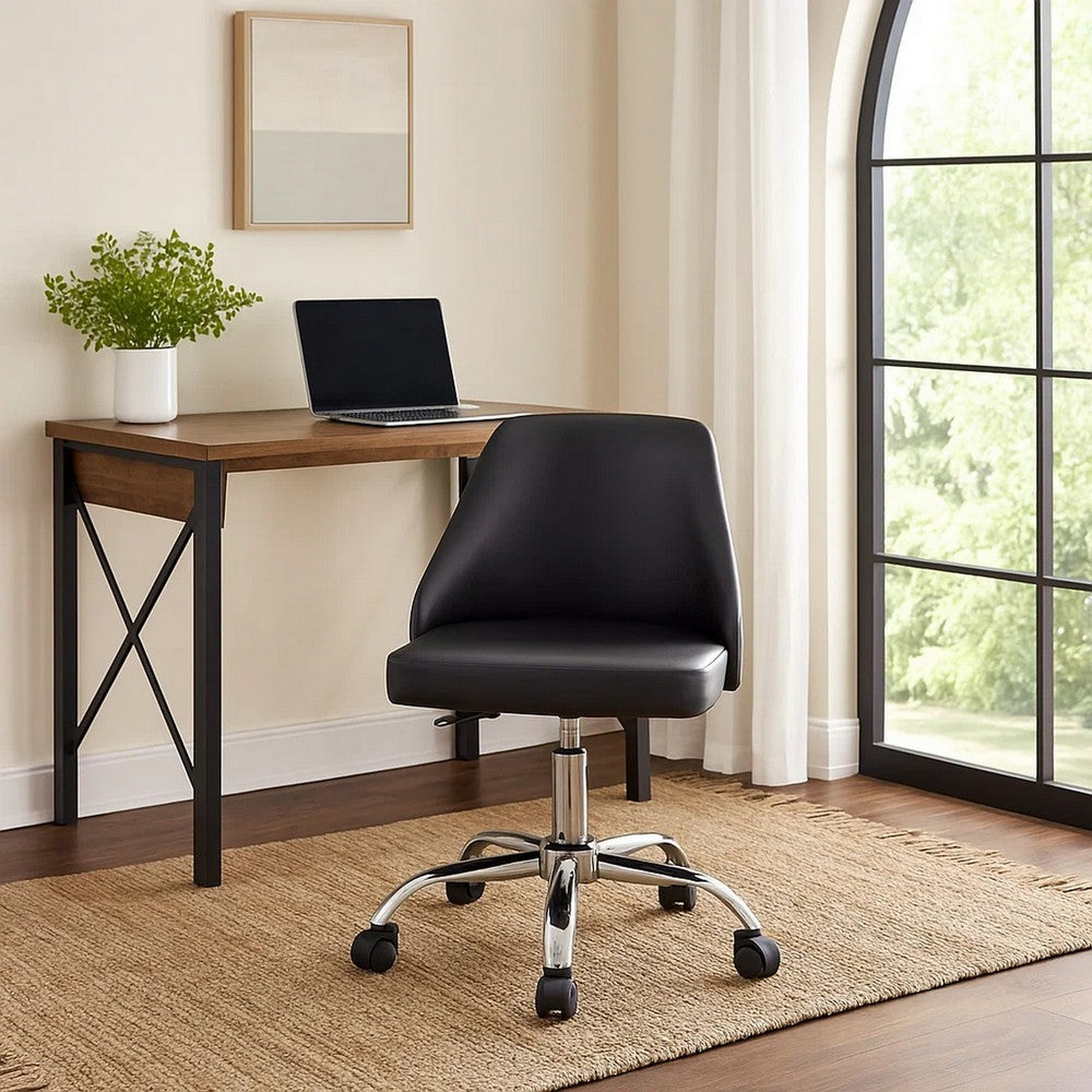 Benjara Yim 22 Inch Adjustable Swivel Office Chair, Black Faux Leather, Chrome Base