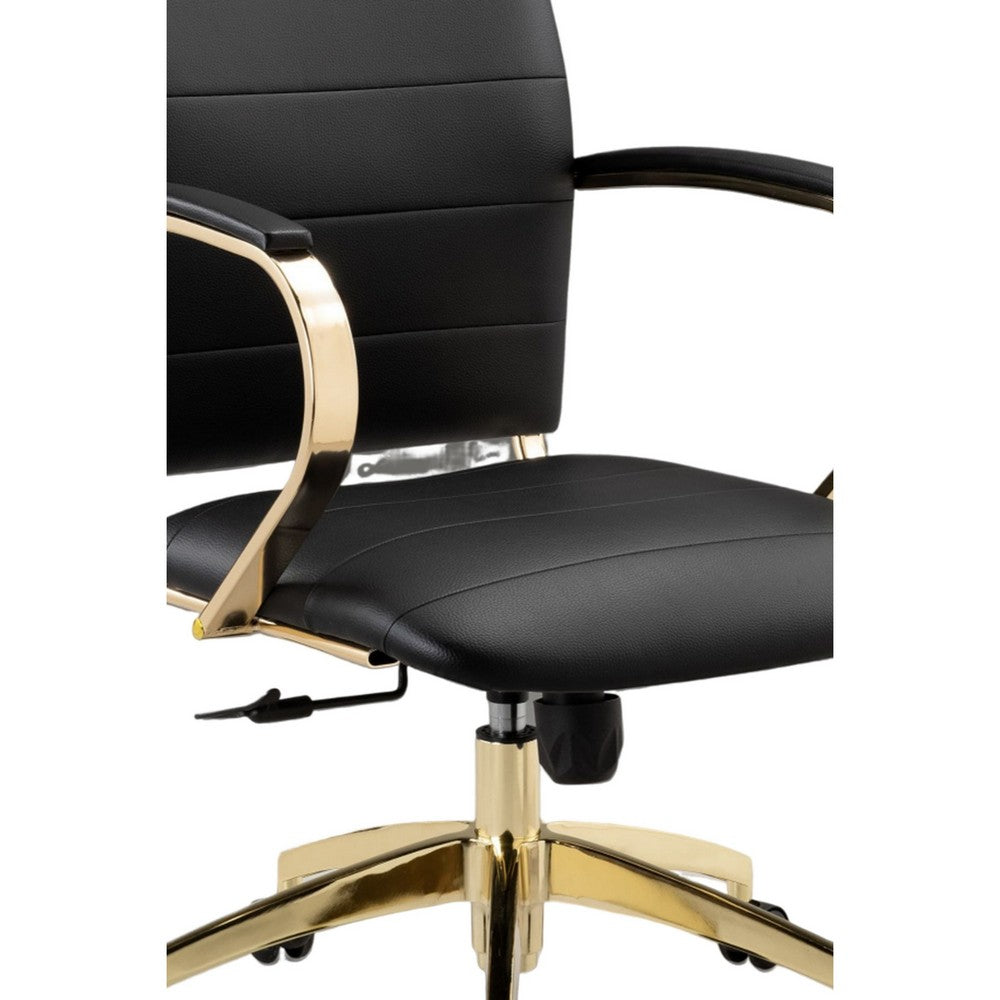 Benjara Zoha 27 Inch Adjustable Swivel Office Chair, Black Faux Leather, Gold Base