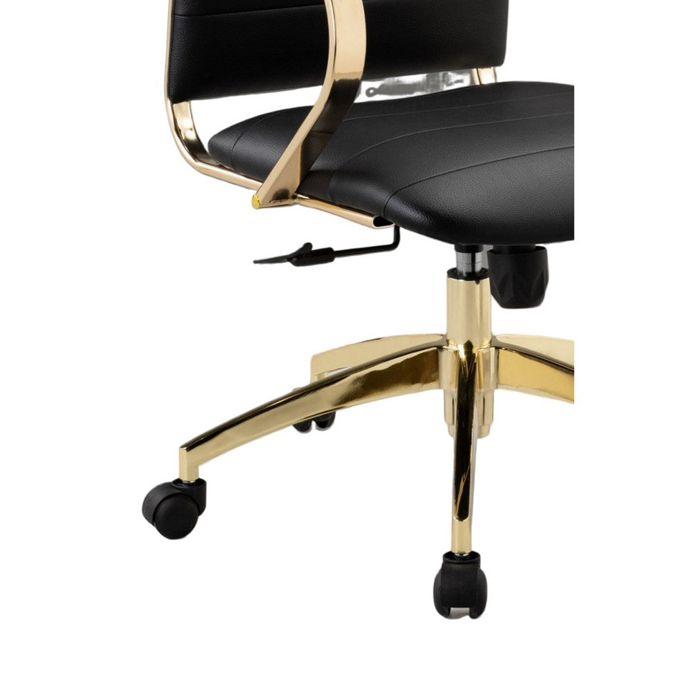 Benjara Zoha 27 Inch Adjustable Swivel Office Chair, Black Faux Leather, Gold Base
