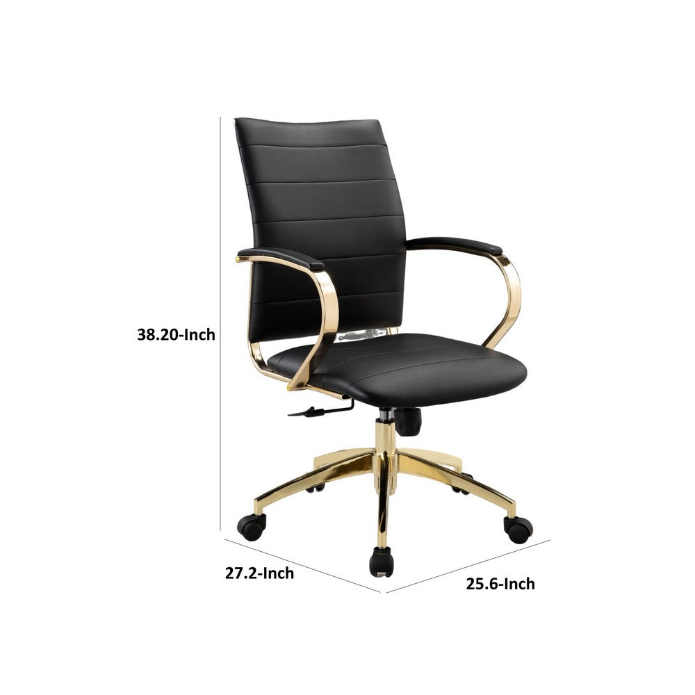 Benjara Zoha 27 Inch Adjustable Swivel Office Chair, Black Faux Leather, Gold Base