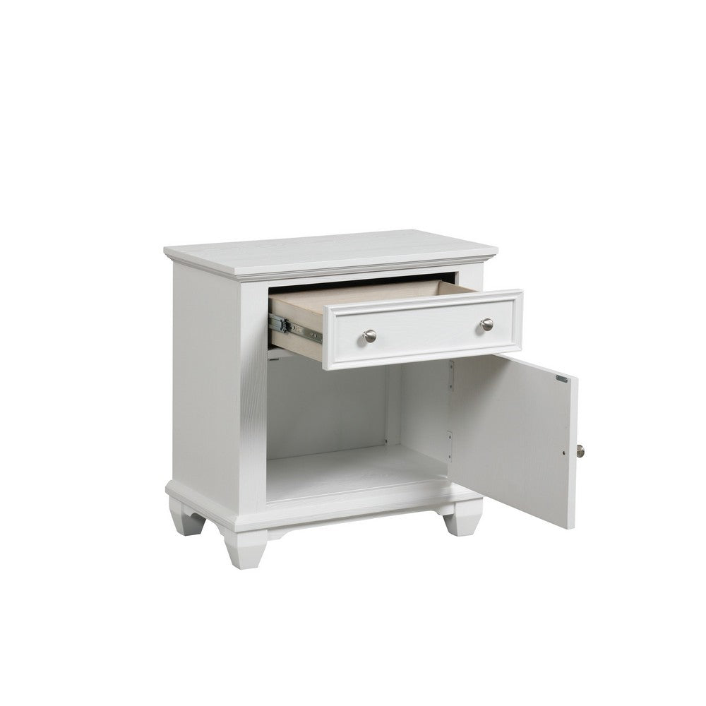 Benjara Jims 28 Inch Nightstand, Single Door And Drawer, Cup Handles, White Wood