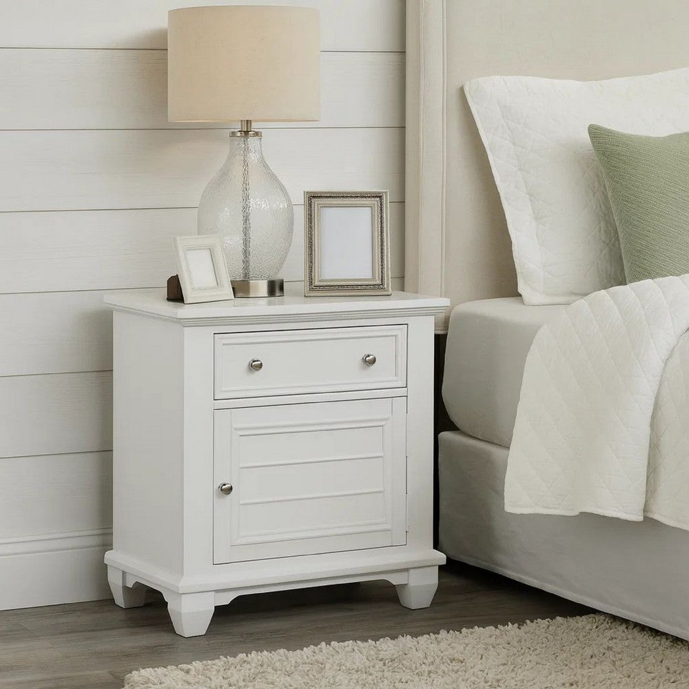Benjara Jims 28 Inch Nightstand, Single Door And Drawer, Cup Handles, White Wood