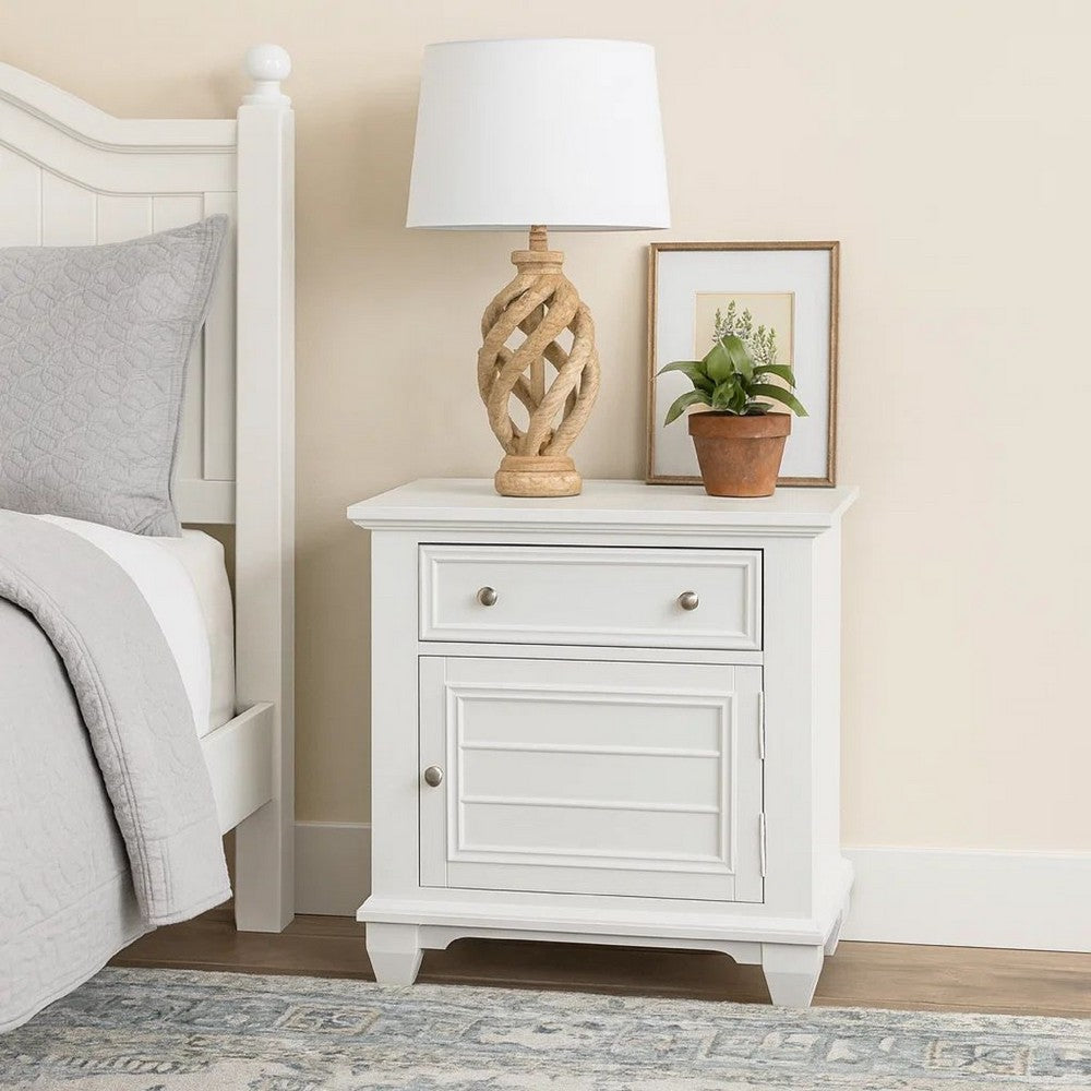 Benjara Jims 28 Inch Nightstand, Single Door And Drawer, Cup Handles, White Wood