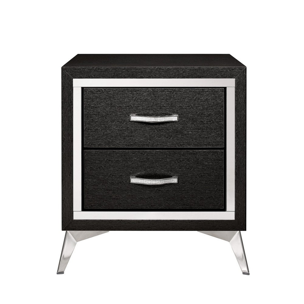 Benjara Haya 24 Inch 2 Drawer Nightstand, Embossed Jet Black Wood, Silver Trim