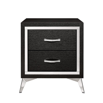Benjara Haya 24 Inch 2 Drawer Nightstand, Embossed Jet Black Wood, Silver Trim