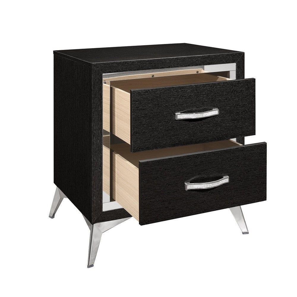 Benjara Haya 24 Inch 2 Drawer Nightstand, Embossed Jet Black Wood, Silver Trim