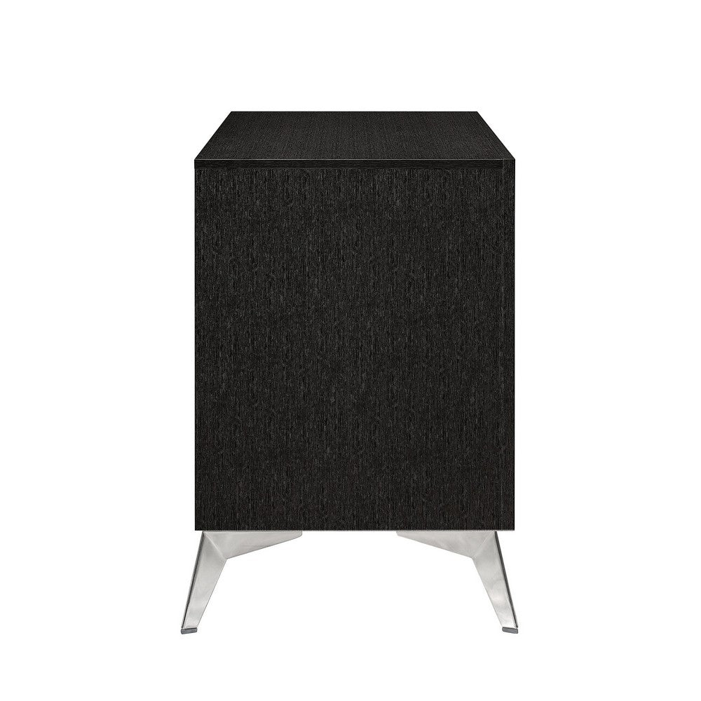 Benjara Haya 24 Inch 2 Drawer Nightstand, Embossed Jet Black Wood, Silver Trim