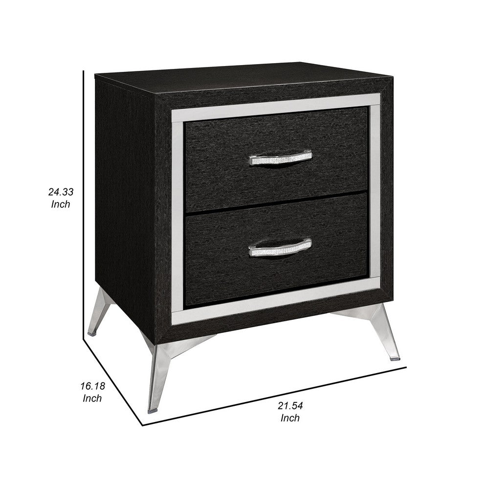 Benjara Haya 24 Inch 2 Drawer Nightstand, Embossed Jet Black Wood, Silver Trim