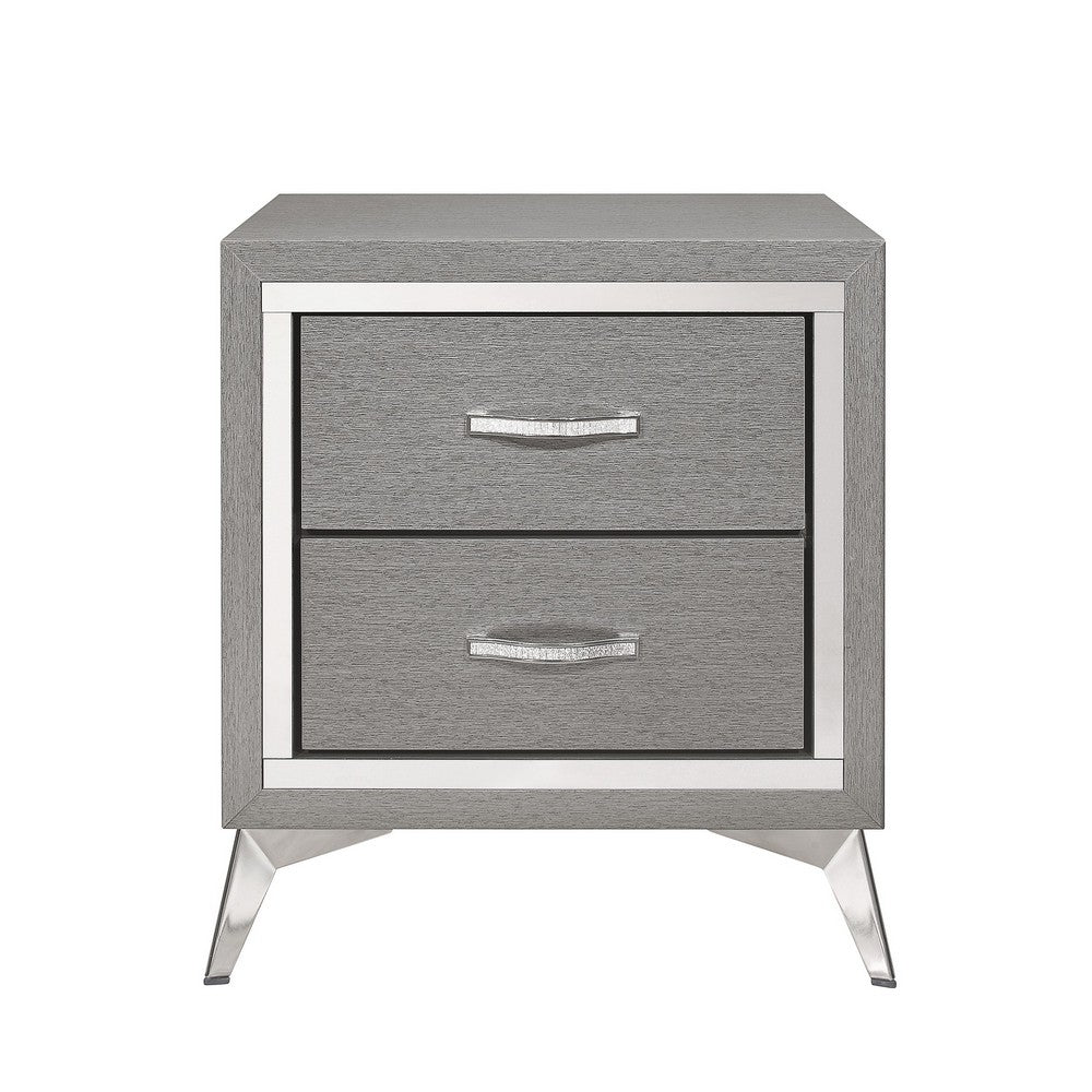 Benjara Haya 24 Inch 2 Drawer Nightstand, Embossed Smooth Gray Wood, Silver Trim