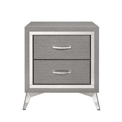 Benjara Haya 24 Inch 2 Drawer Nightstand, Embossed Smooth Gray Wood, Silver Trim