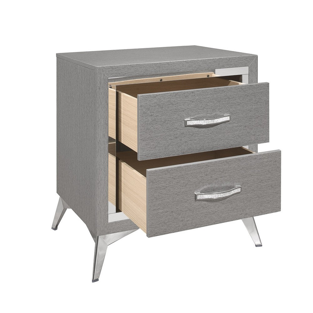 Benjara Haya 24 Inch 2 Drawer Nightstand, Embossed Smooth Gray Wood, Silver Trim
