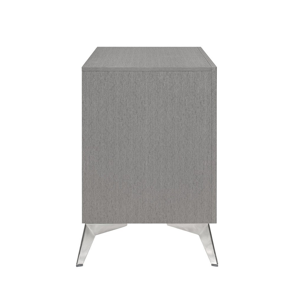 Benjara Haya 24 Inch 2 Drawer Nightstand, Embossed Smooth Gray Wood, Silver Trim