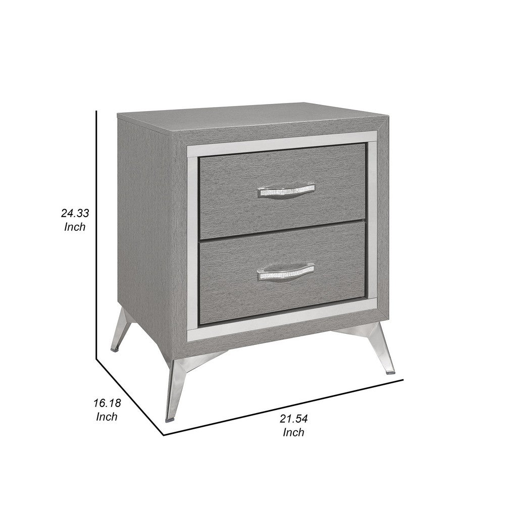Benjara Haya 24 Inch 2 Drawer Nightstand, Embossed Smooth Gray Wood, Silver Trim