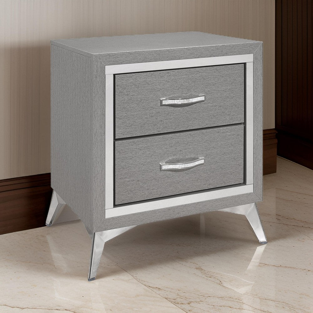 Benjara Haya 24 Inch 2 Drawer Nightstand, Embossed Smooth Gray Wood, Silver Trim