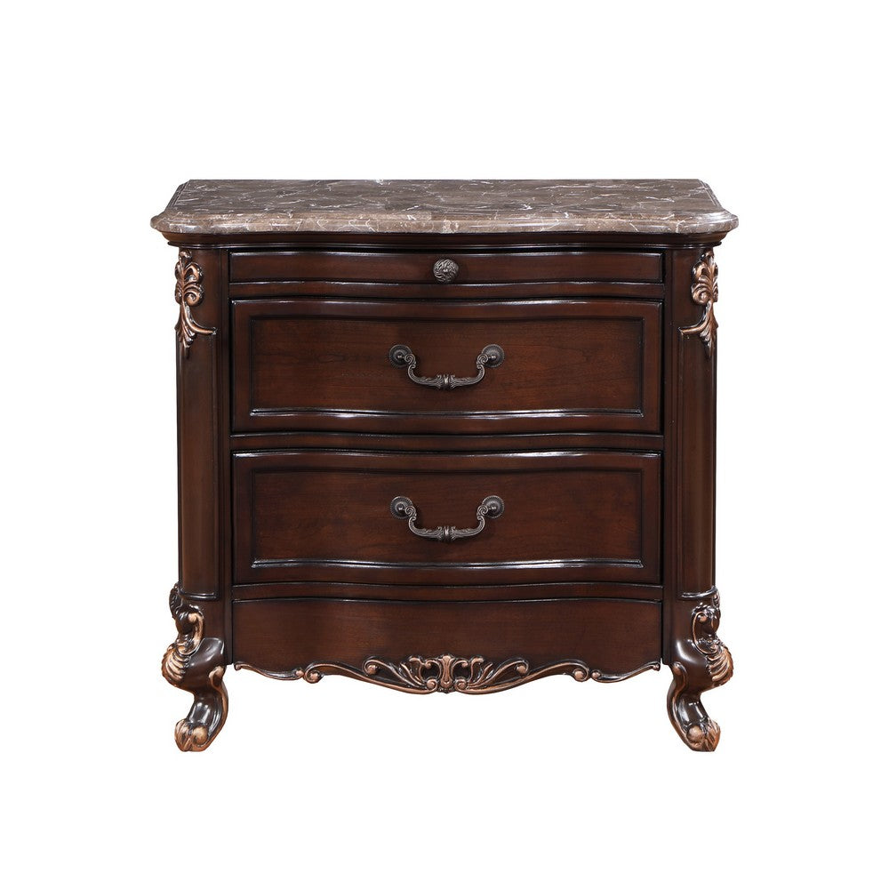 Benjara Leon 32 Inch 2 Drawer Nightstand, Carved Details, Marble Surface, Brown