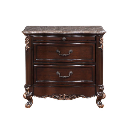 Benjara Leon 32 Inch 2 Drawer Nightstand, Carved Details, Marble Surface, Brown
