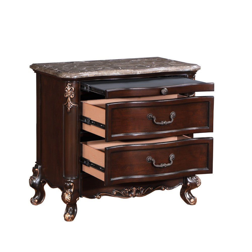 Benjara Leon 32 Inch 2 Drawer Nightstand, Carved Details, Marble Surface, Brown