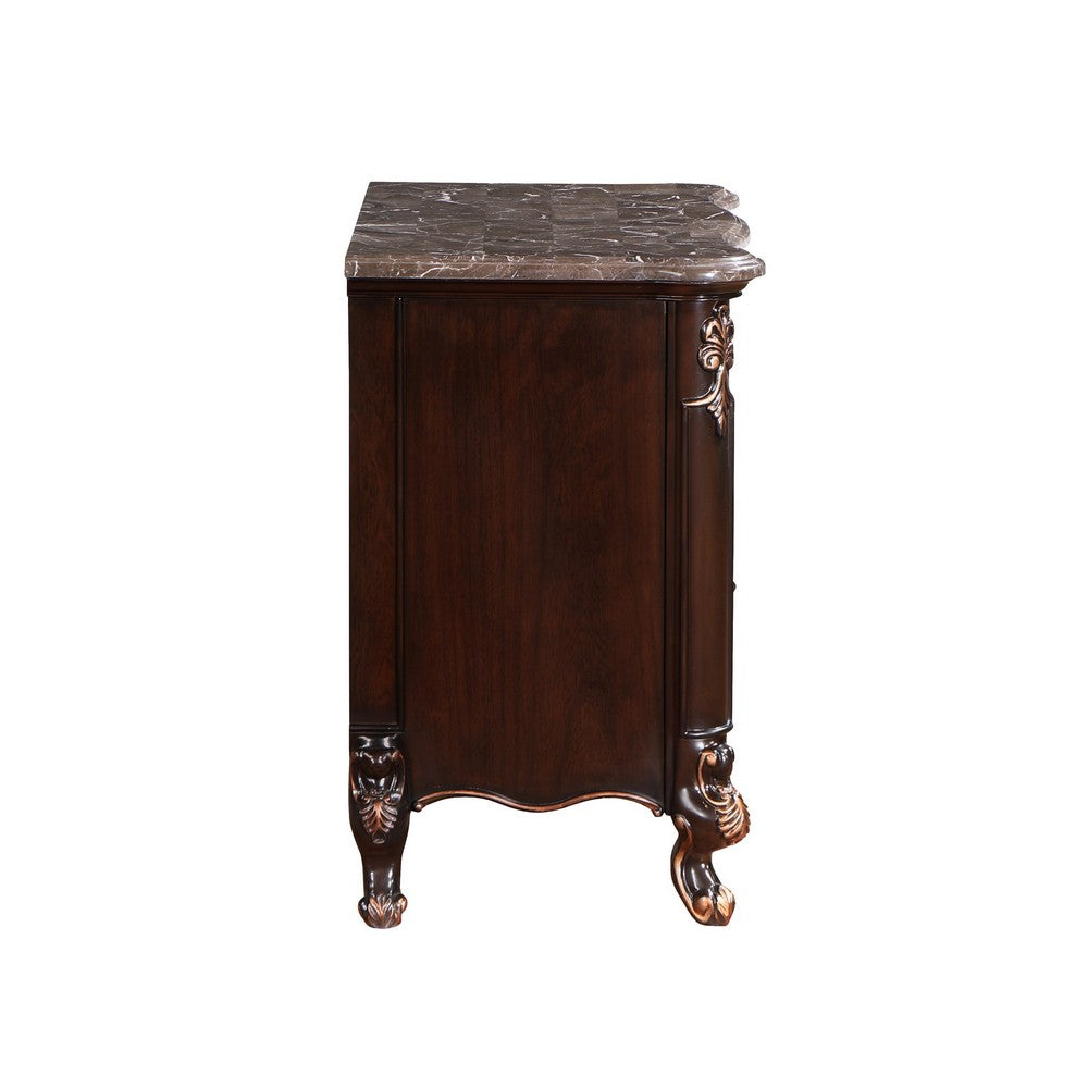 Benjara Leon 32 Inch 2 Drawer Nightstand, Carved Details, Marble Surface, Brown
