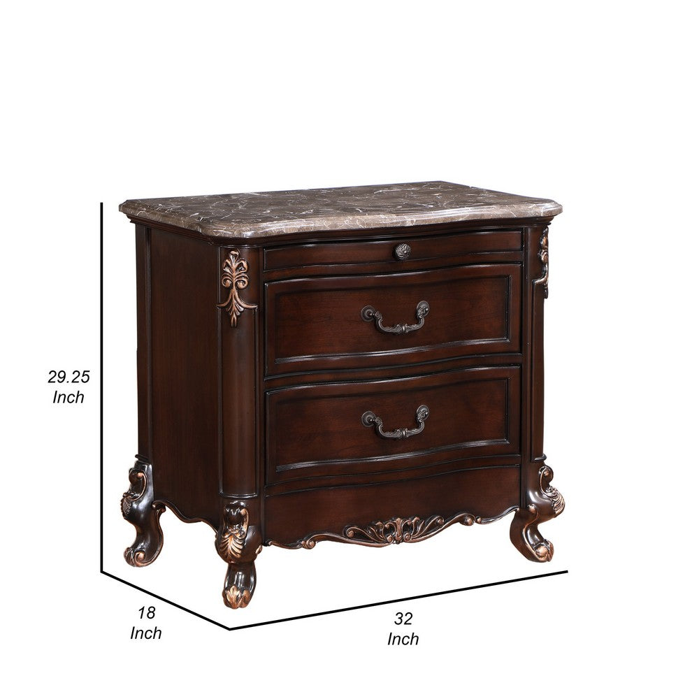 Benjara Leon 32 Inch 2 Drawer Nightstand, Carved Details, Marble Surface, Brown