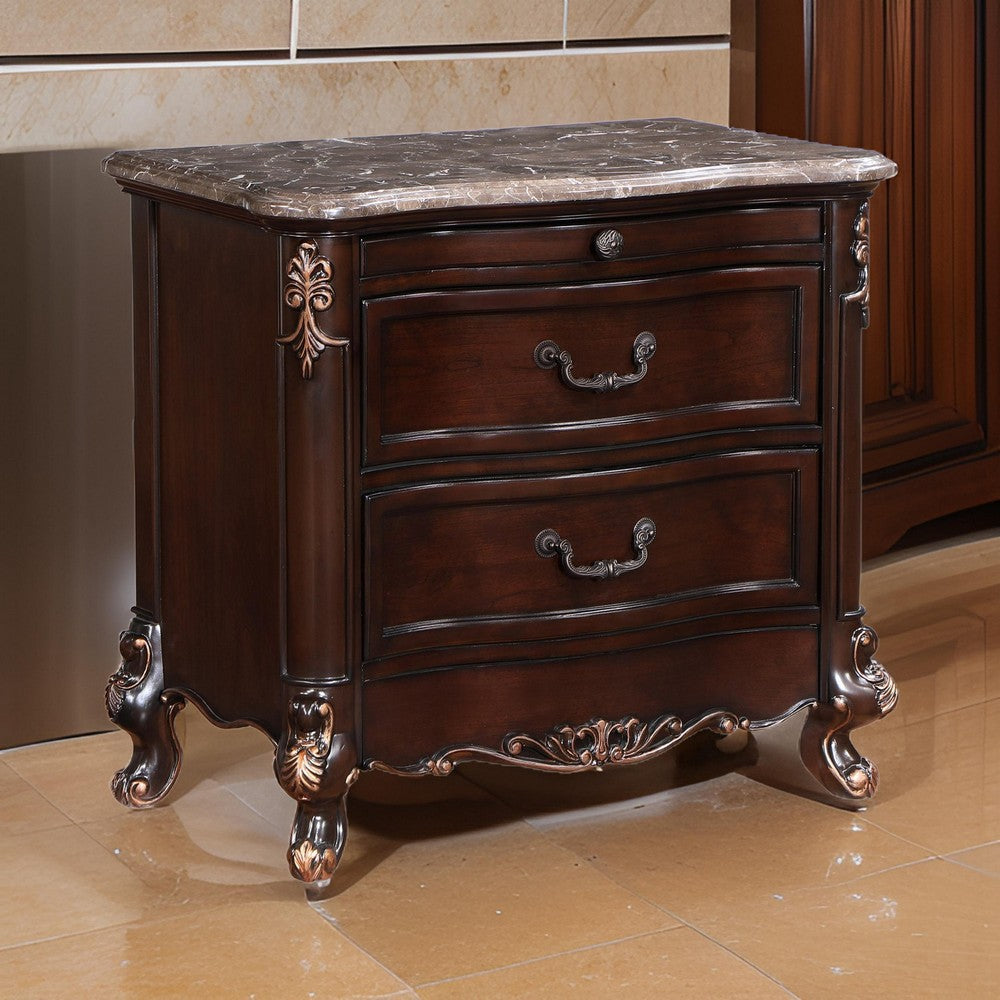 Benjara Leon 32 Inch 2 Drawer Nightstand, Carved Details, Marble Surface, Brown