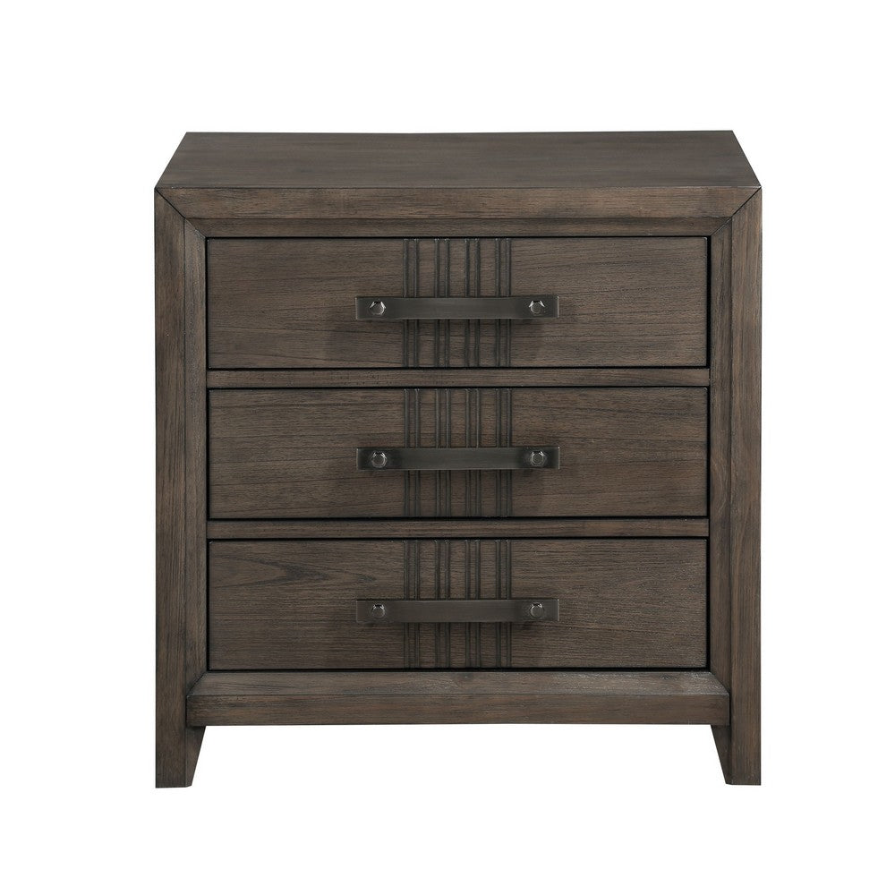 Benjara 27 Inch Rustic Nightstand, 2 Drawers, Gray Metal Handles, Rich Brown Wood
