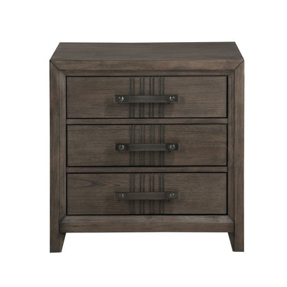 Benjara 27 Inch Rustic Nightstand, 2 Drawers, Gray Metal Handles, Rich Brown Wood