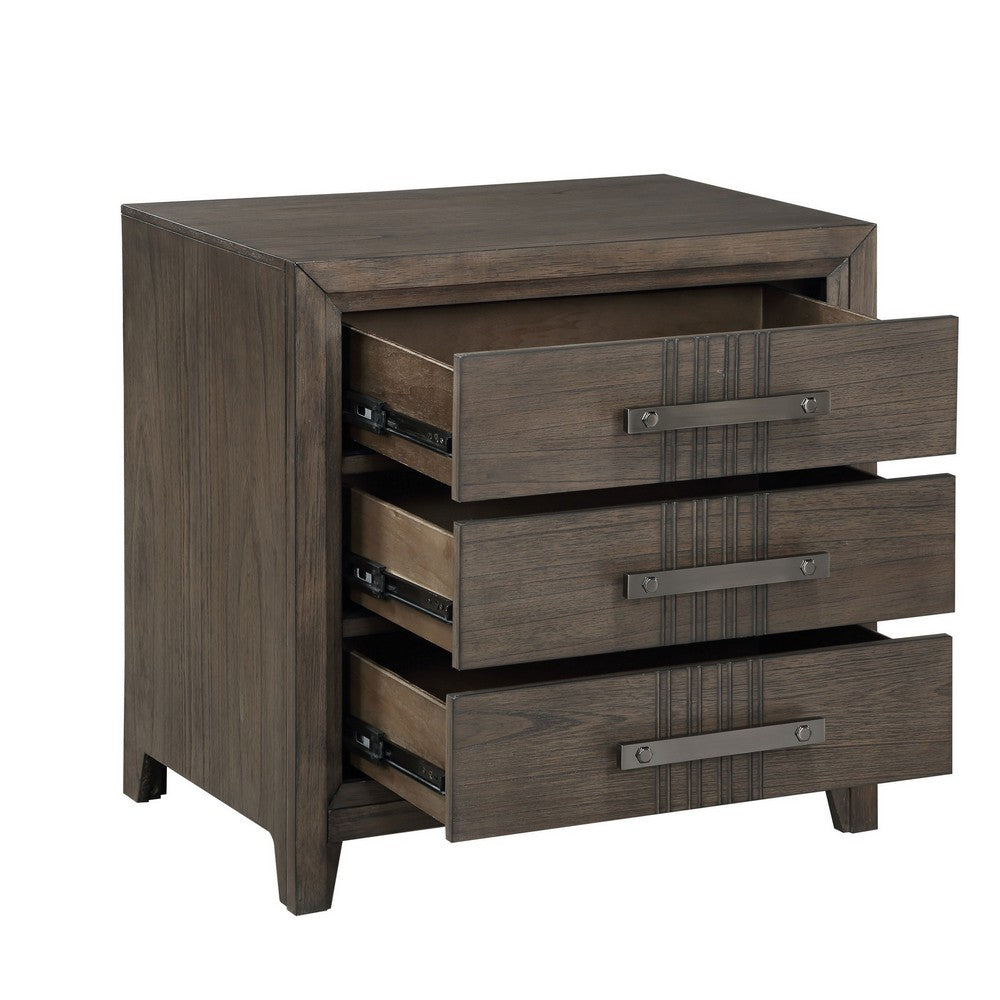 Benjara 27 Inch Rustic Nightstand, 2 Drawers, Gray Metal Handles, Rich Brown Wood