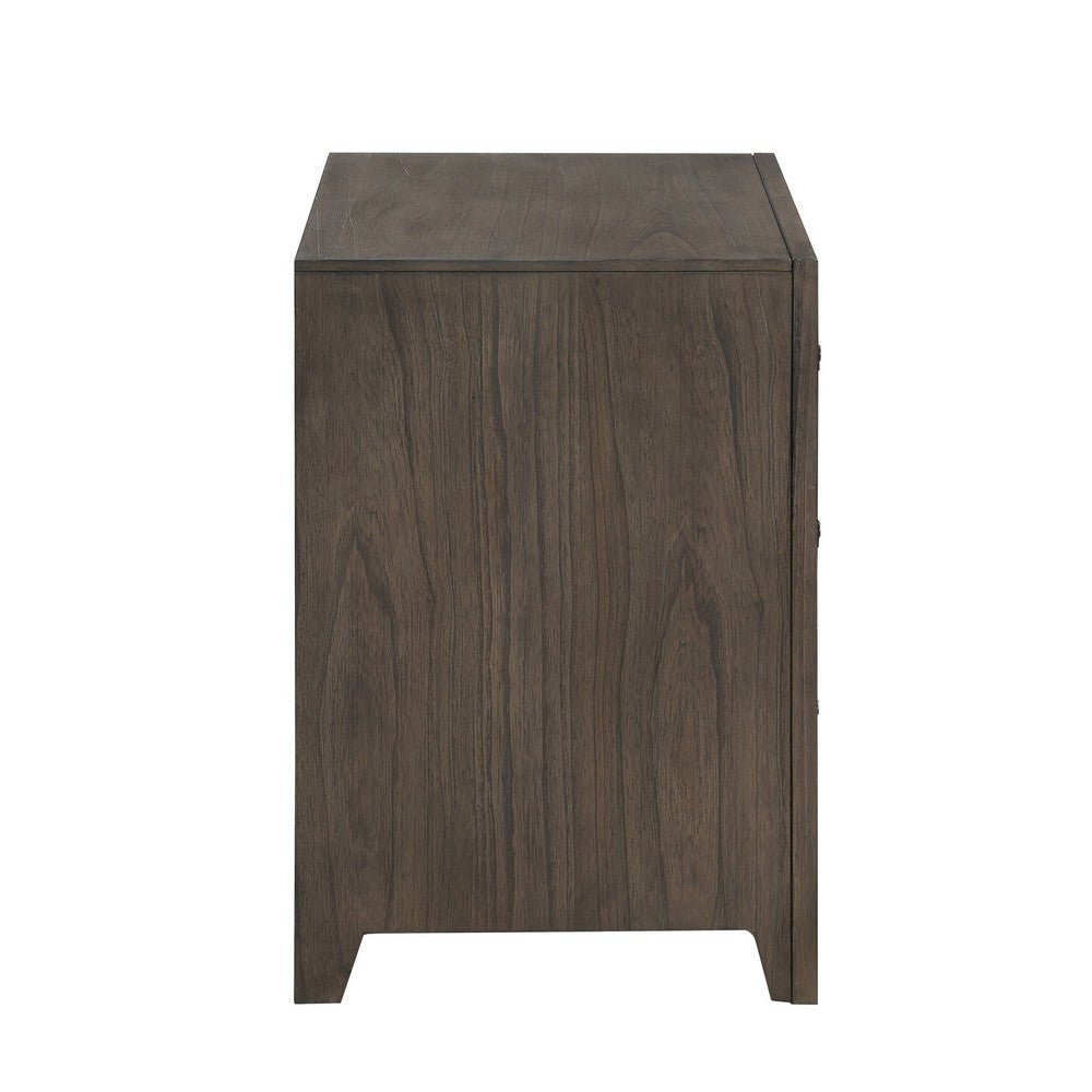 Benjara 27 Inch Rustic Nightstand, 2 Drawers, Gray Metal Handles, Rich Brown Wood