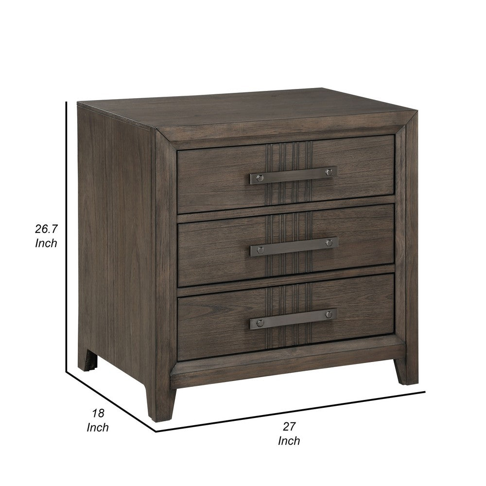 Benjara 27 Inch Rustic Nightstand, 2 Drawers, Gray Metal Handles, Rich Brown Wood