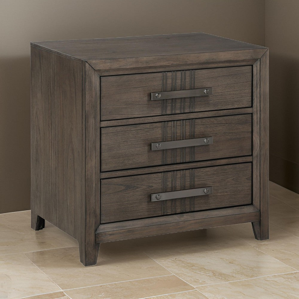 Benjara 27 Inch Rustic Nightstand, 2 Drawers, Gray Metal Handles, Rich Brown Wood