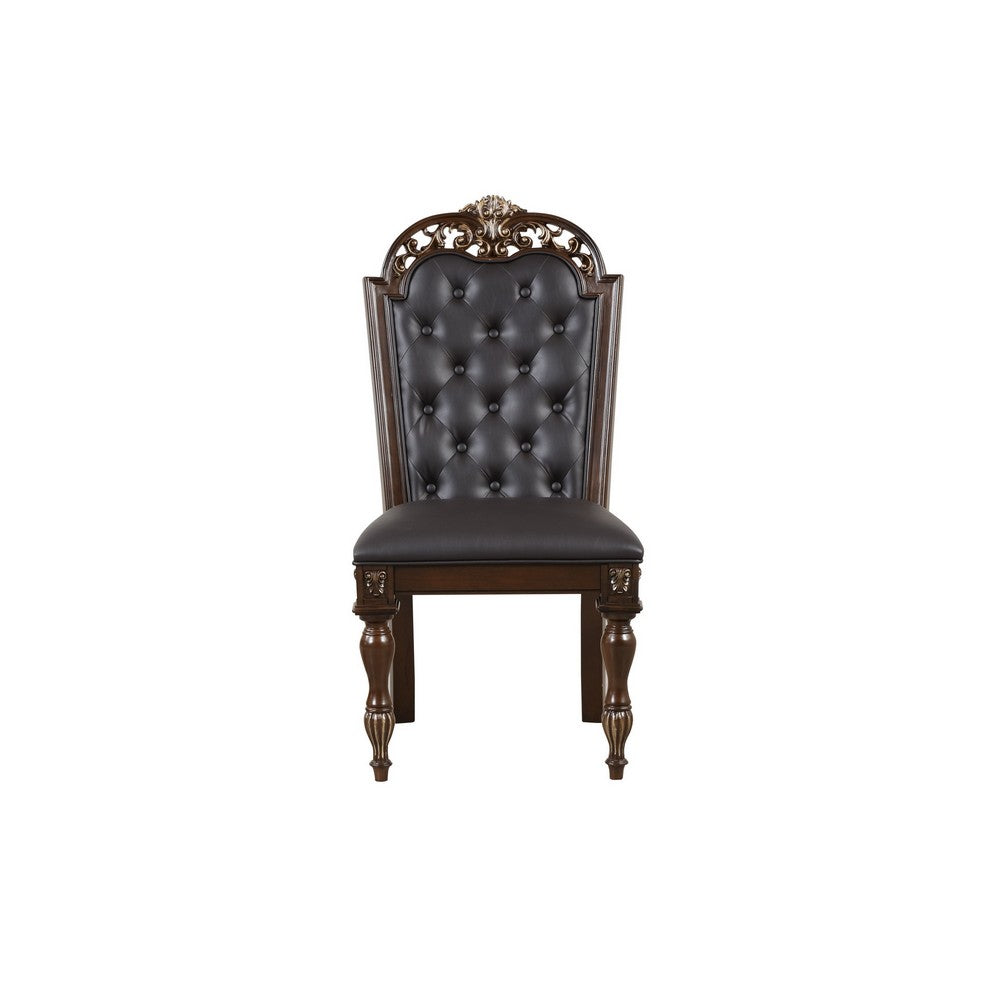 Benjara Mitch 21 Inch Tufted Set of 2 Dining Chairs, Carved Details, Faux Leather Seat, Brown
