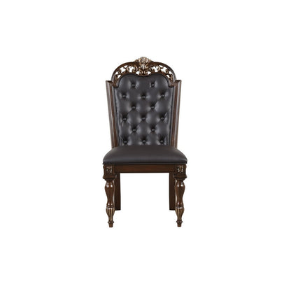 Benjara Mitch 21 Inch Tufted Set of 2 Dining Chairs, Carved Details, Faux Leather Seat, Brown