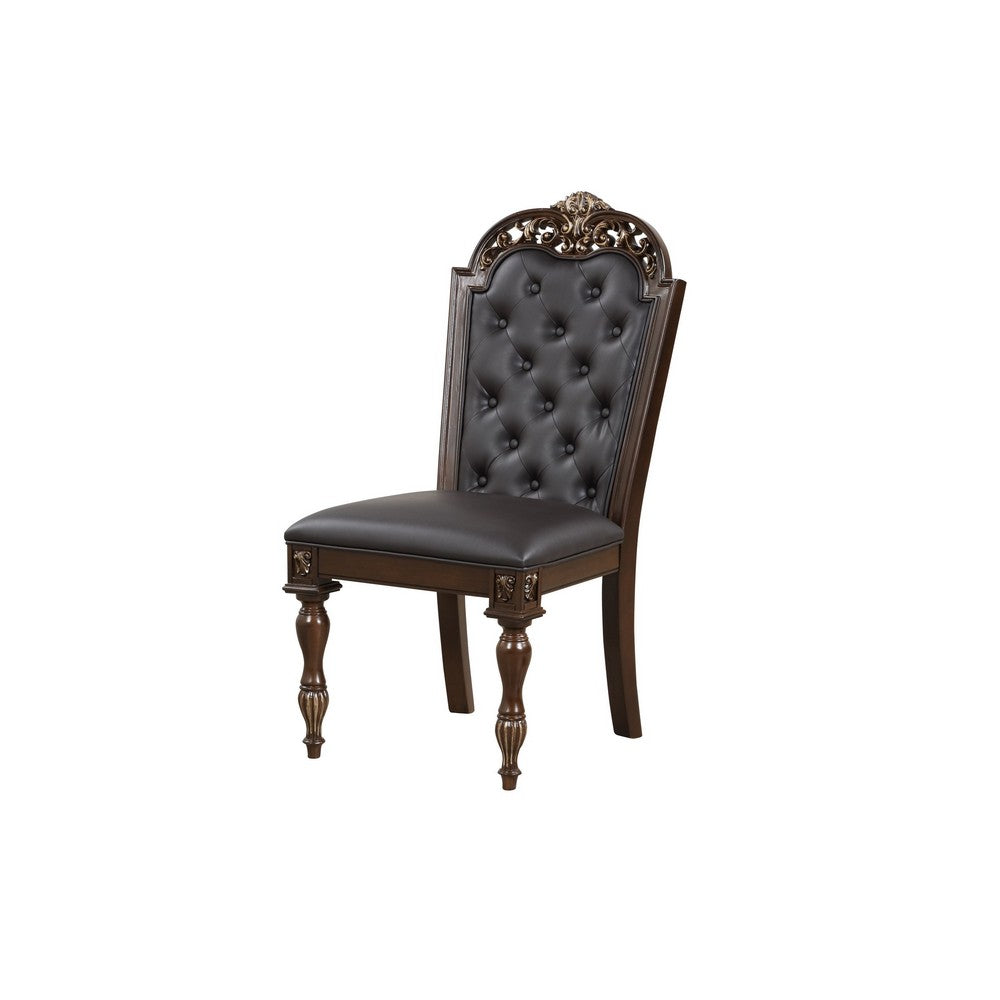 Benjara Mitch 21 Inch Tufted Set of 2 Dining Chairs, Carved Details, Faux Leather Seat, Brown