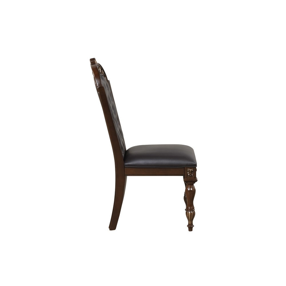 Benjara Mitch 21 Inch Tufted Set of 2 Dining Chairs, Carved Details, Faux Leather Seat, Brown
