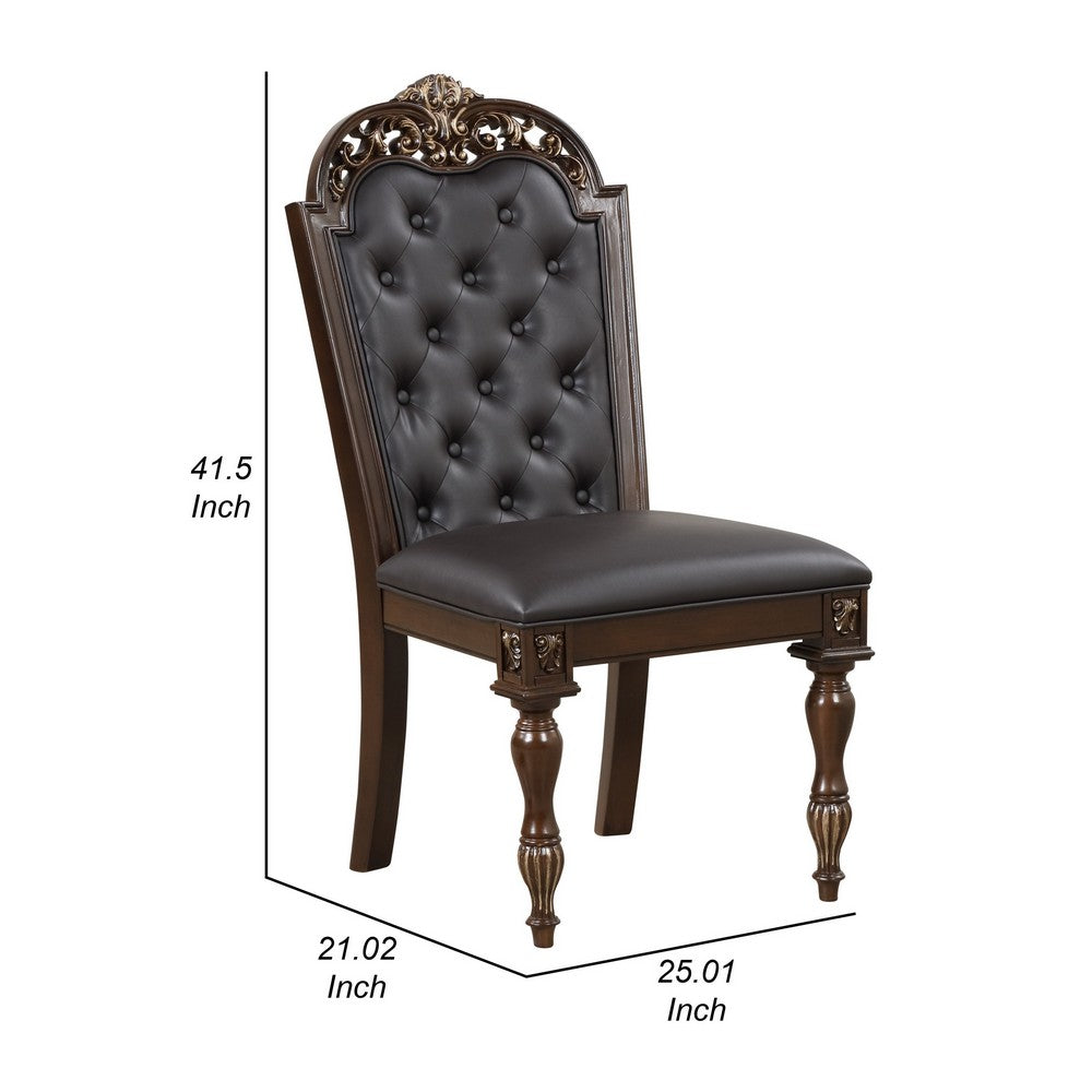 Benjara Mitch 21 Inch Tufted Set of 2 Dining Chairs, Carved Details, Faux Leather Seat, Brown